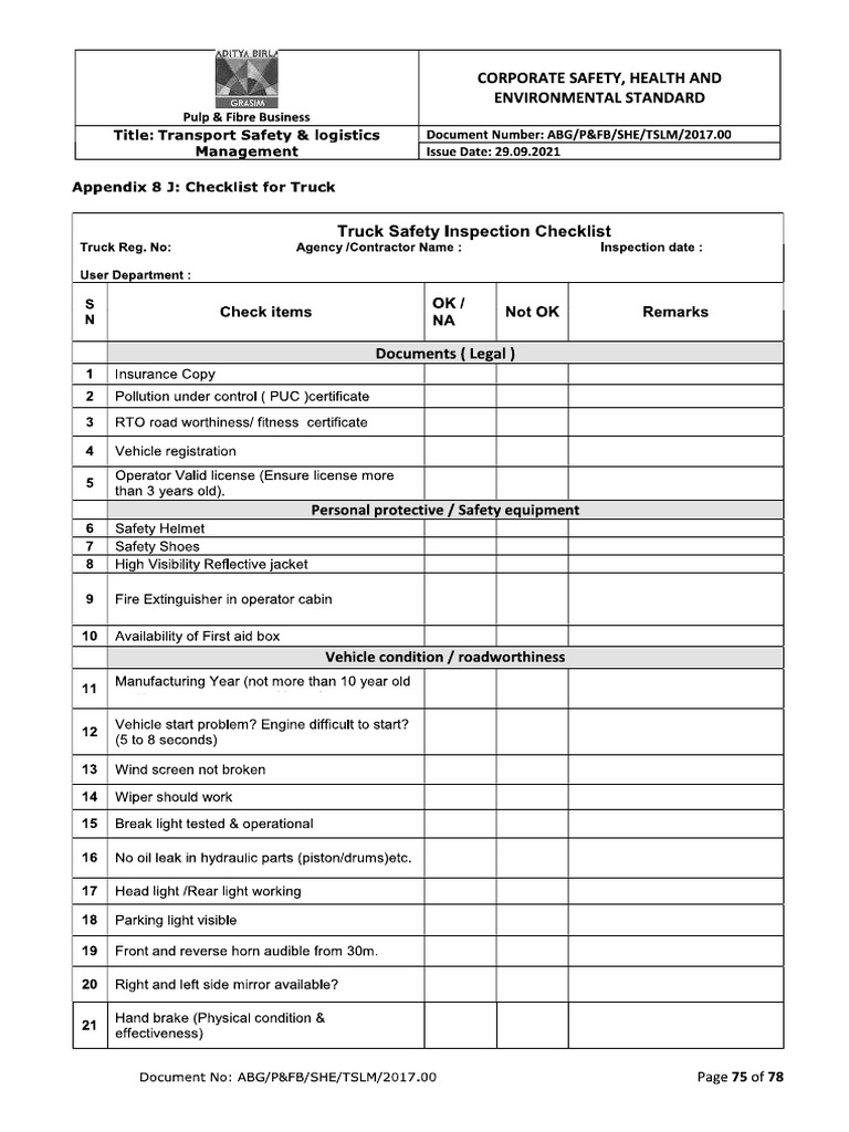 New Truck Checklist | PDF