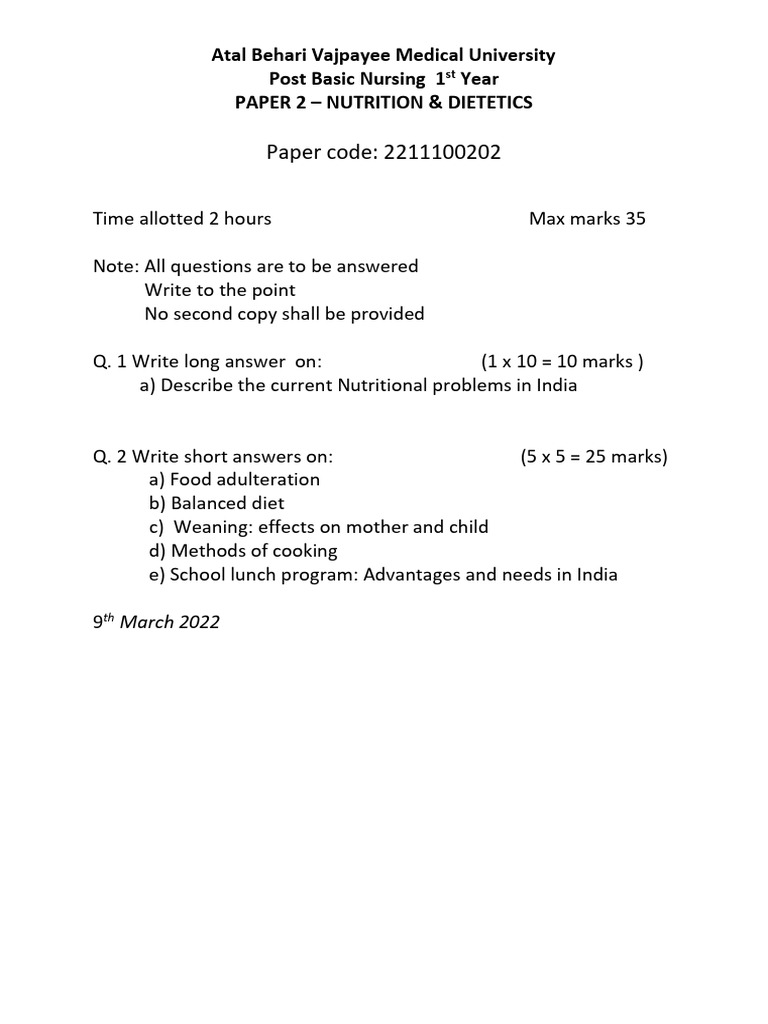 Nutrition & Dietetics Exam Paper 2022 | PDF