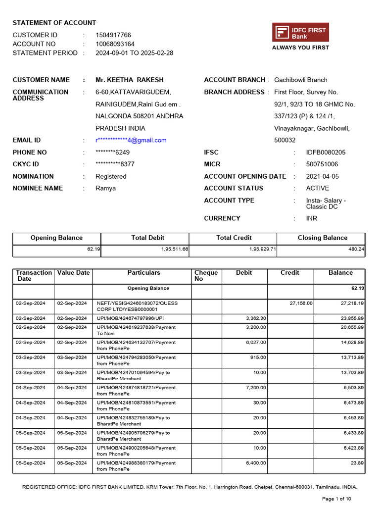 IDFCFIRSTBankstatement_10068093164_115409251 | PDF | Debits And Credits ...