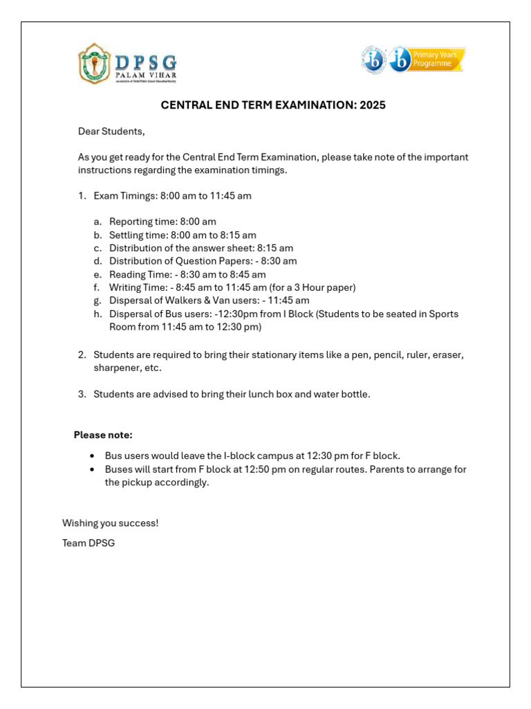 2025 Central End Exam Timings & Instructions | PDF