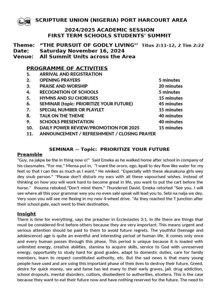 2024 & 2025 First Term Schools Students' Summit Programme | PDF | Jesus ...