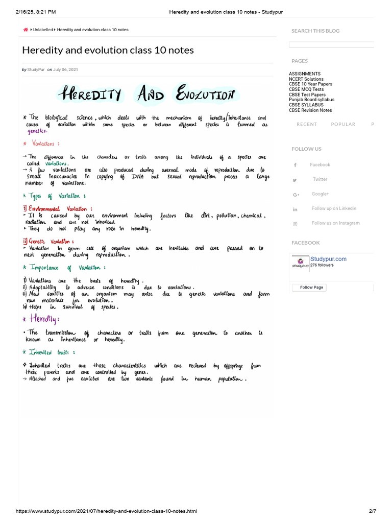 Class 10 Heredity and Evolution Notes | PDF