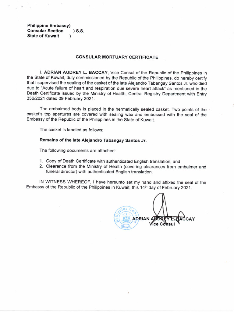 Consular Mortuary Certificate | PDF