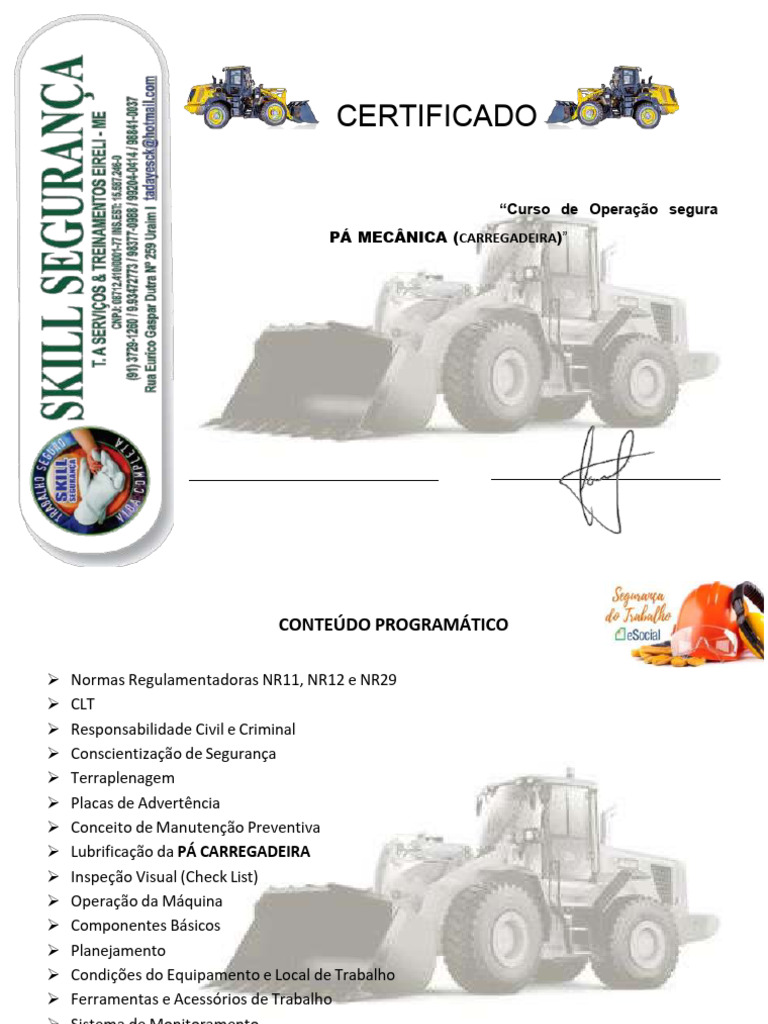 Certificado de Curso de Operação de Pá Carregadeira | PDF