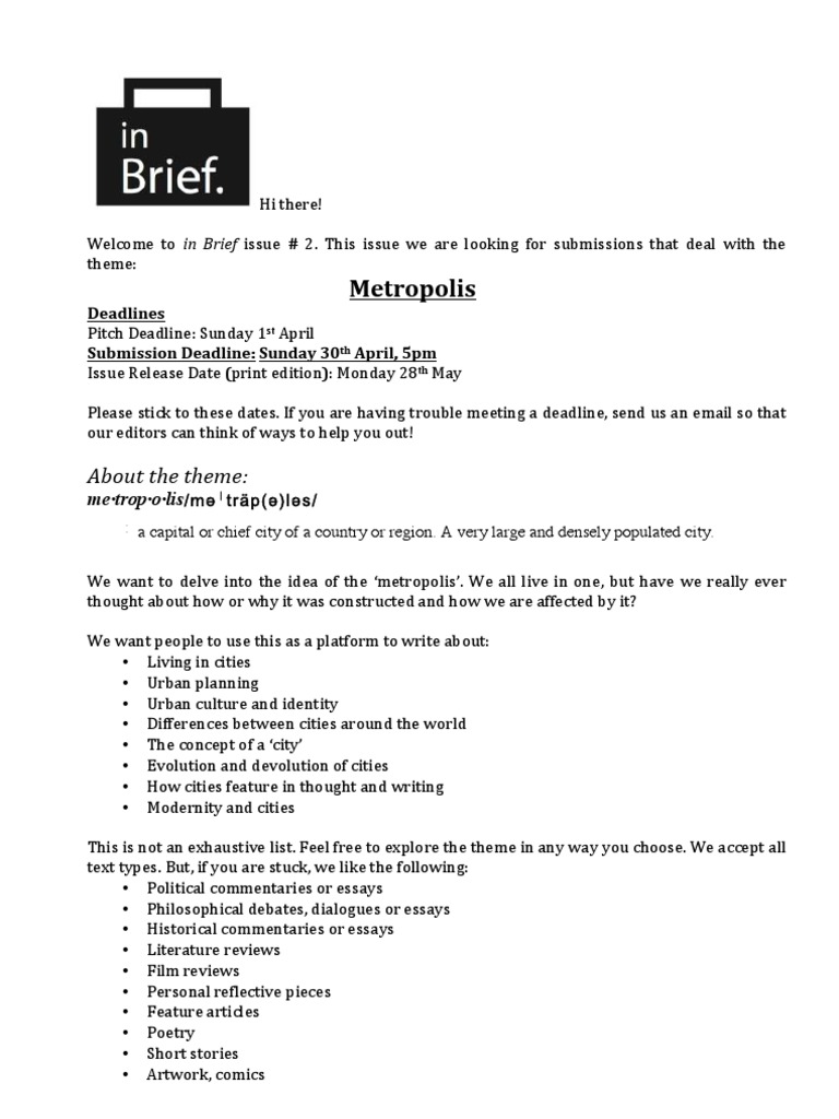 Call for Submissions: Metropolis Theme | PDF | Essays | Communication
