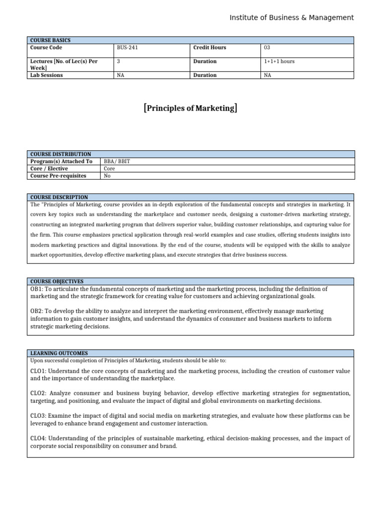 Principles of Marketing Course Syllabus | PDF | Marketing | Marketing ...