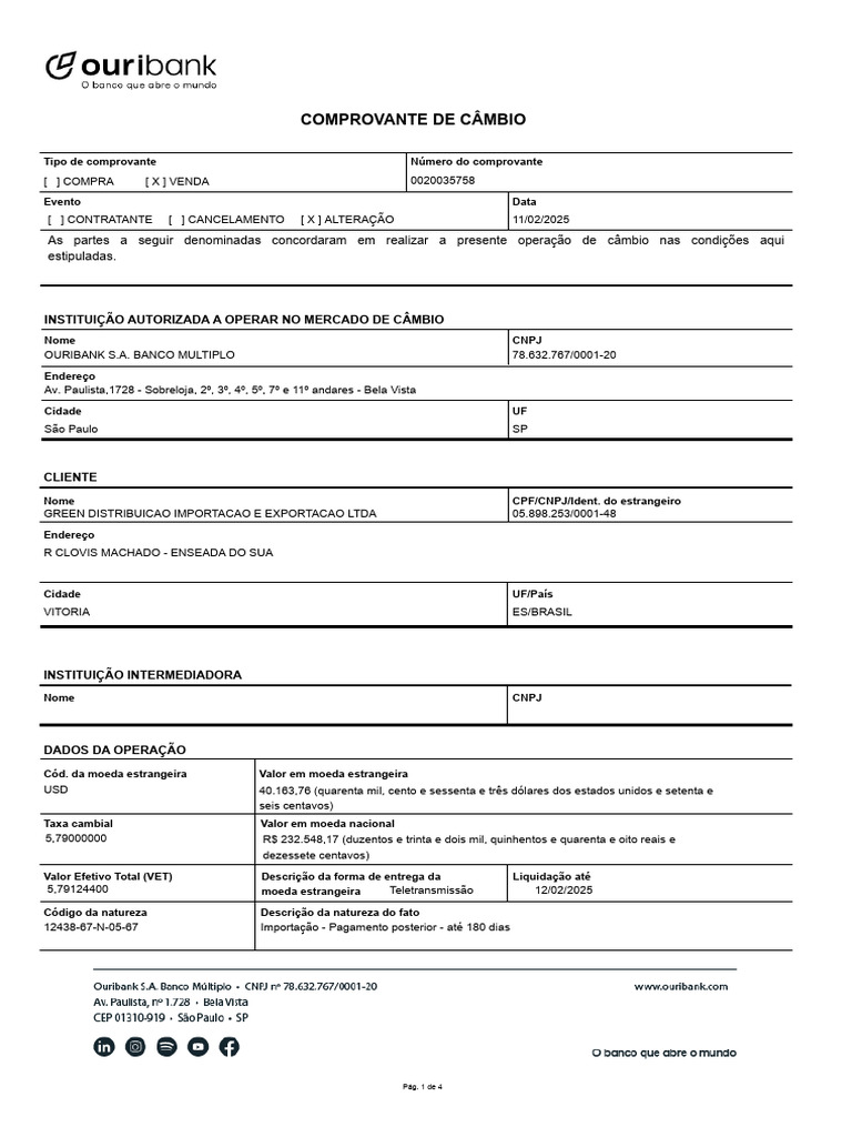 190 - Contrato de Cambio Usd 40163,76 PGF-4547-24 | PDF | Taxa de ...