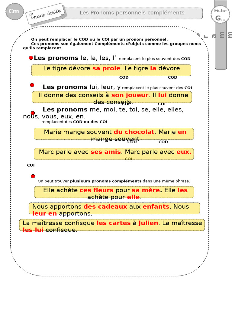 Pronoms personnels compléments en CM2 | PDF