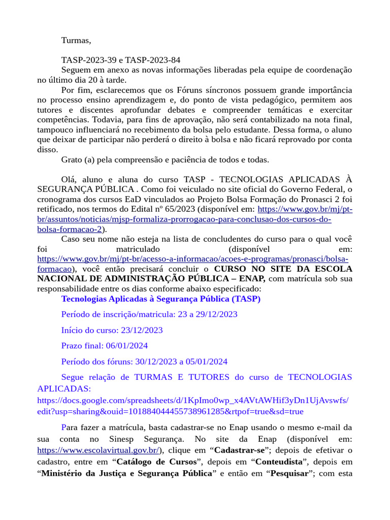 Informações sobre Curso TASP 2023 | PDF | Educação à distância | Pedagogia