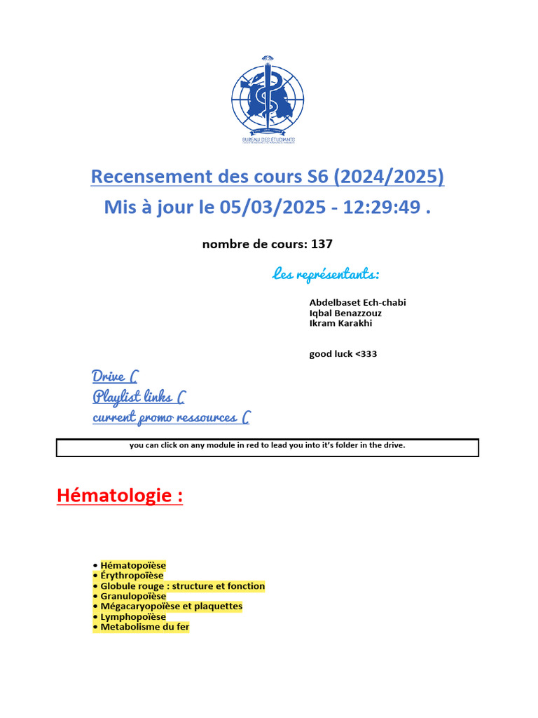 Cours S6 2024/2025 : Recensement détaillé | PDF