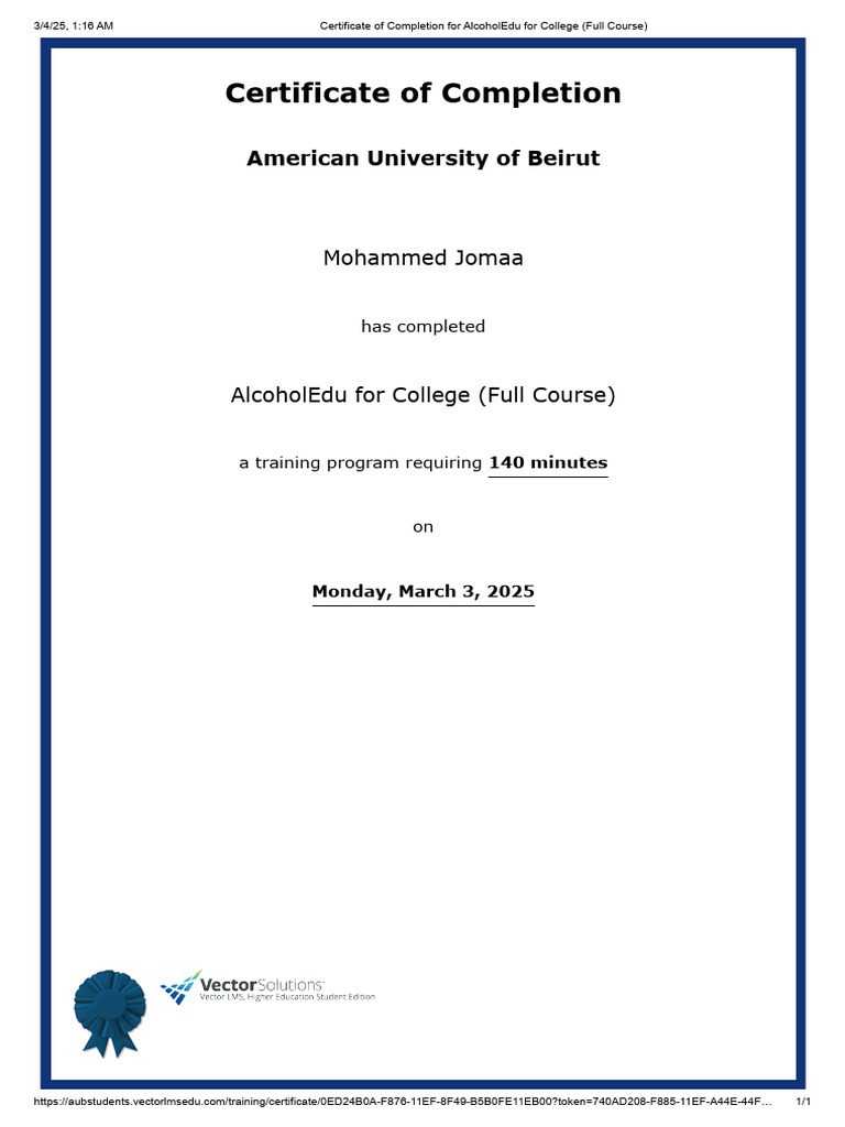 Certificate of completion for alcoholedu for college full course pdf