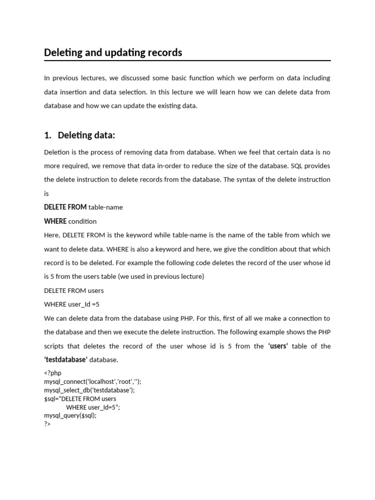SQL Data Deletion and Update Guide | PDF | Databases | Php