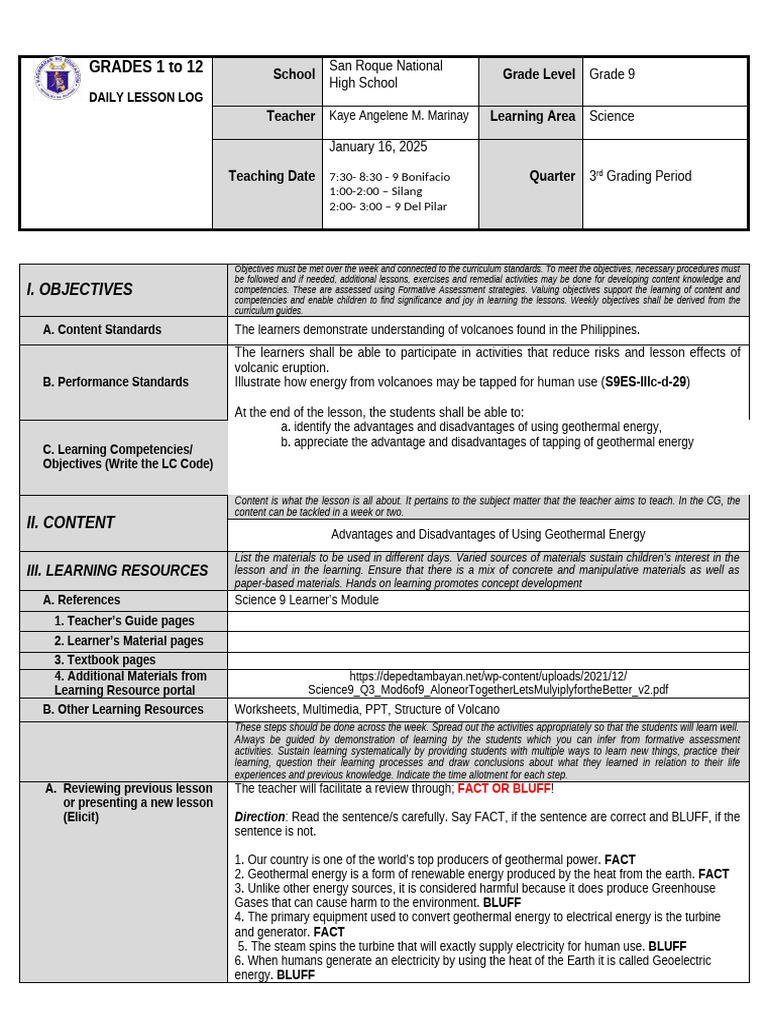 Grade 9 Science Lesson on Geothermal Energy | PDF | Geothermal Energy ...