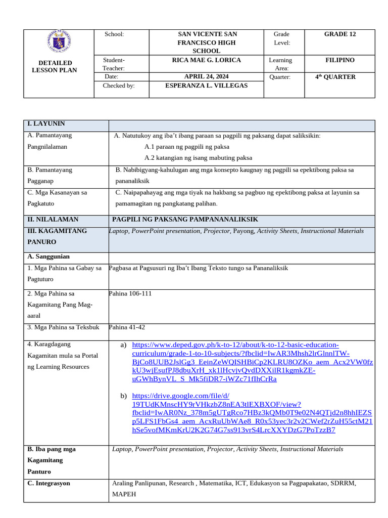 Detailed Lesson Plan For Final Demo | PDF