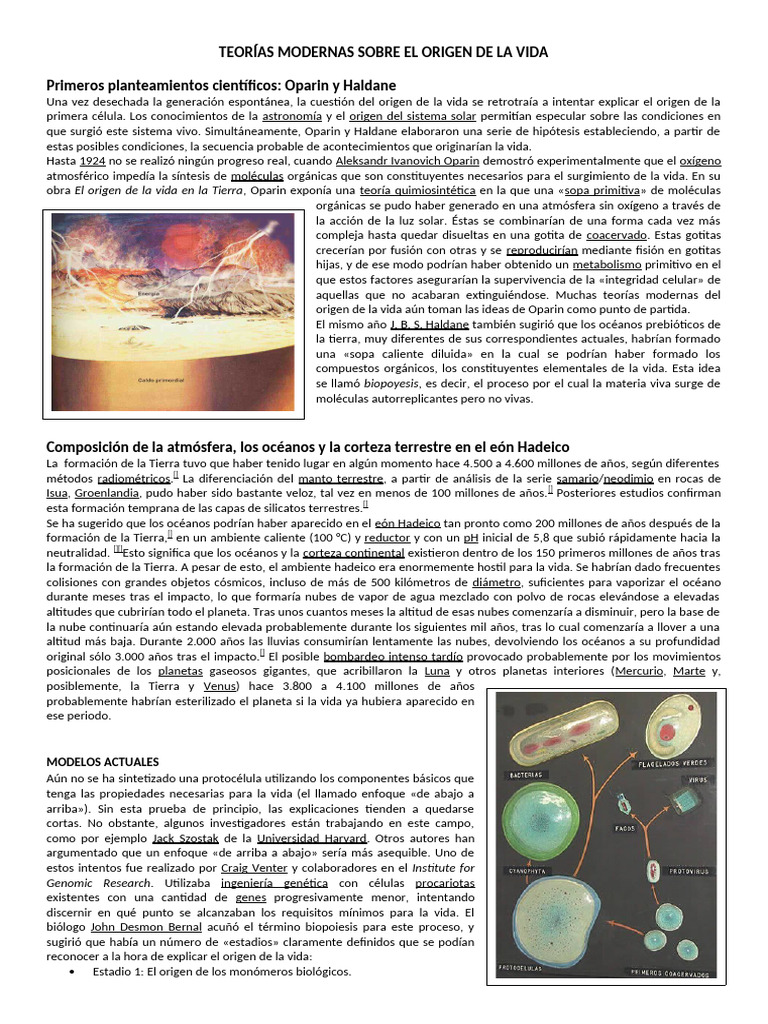 Teorías sobre el origen de la vida | PDF | Abiogénesis | Vida