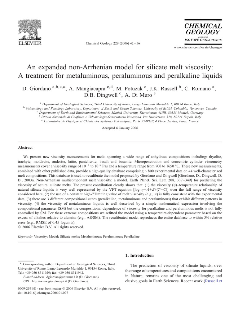 Non-Arrhenian Viscosity Model for Silicate Melts | PDF | Viscosity | Magma