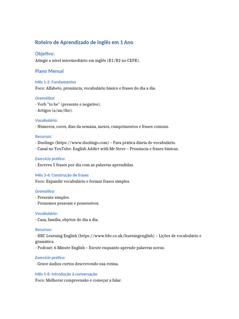 Roteiro de Inglês: Aprendizado em 1 Ano | PDF | Língua inglesa ...