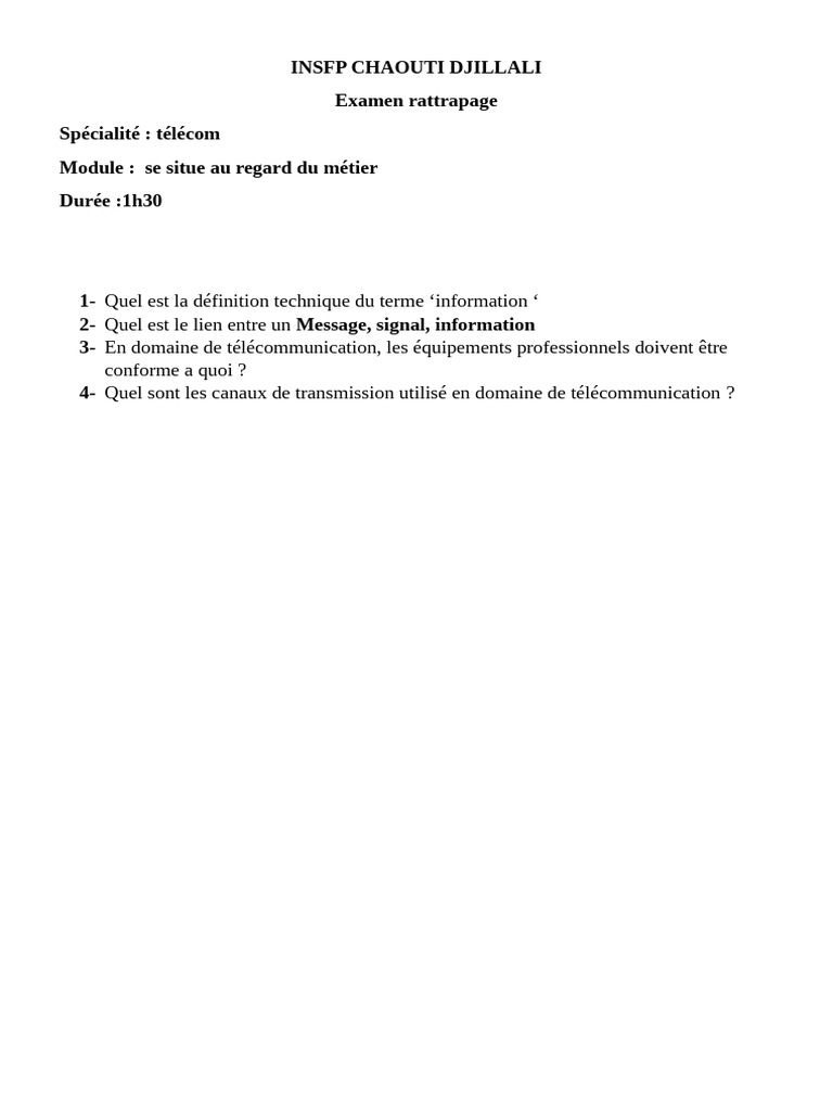 Examen Rattrapage Télécom INSFP | PDF