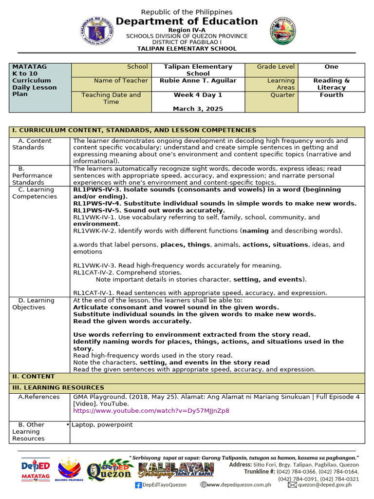 Grade 1 Reading Lesson Plan | PDF | Linguistics | Cognition