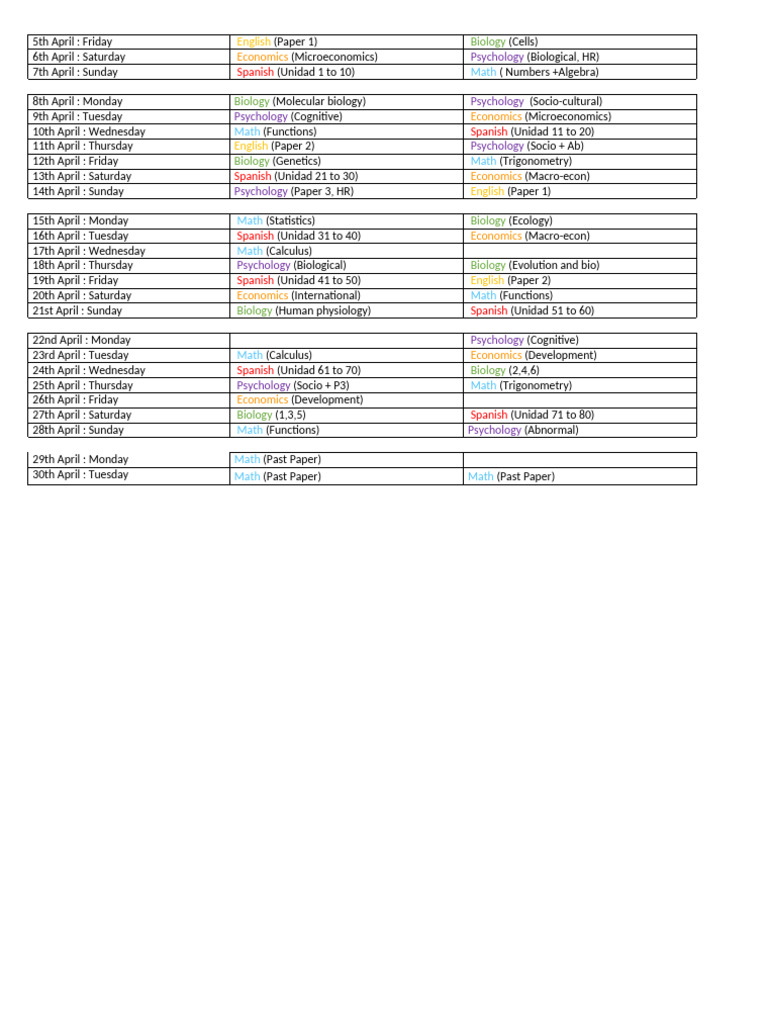 AP Exam Study Schedule April 2024 | PDF