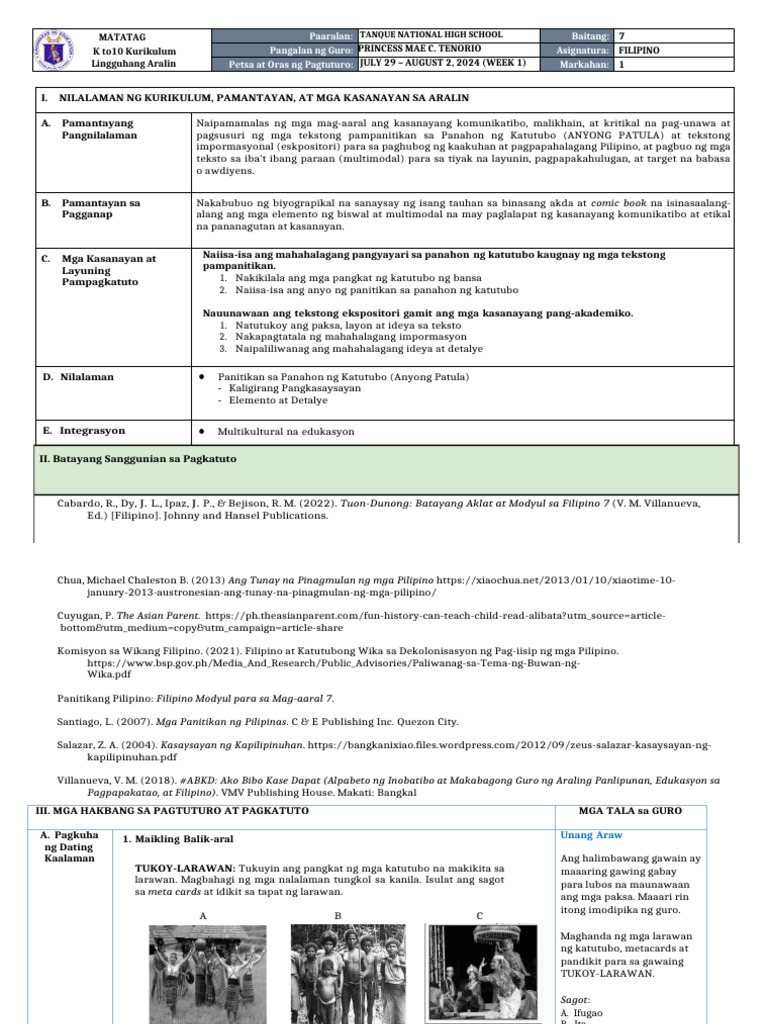 DLL MATATAG _FILIPINO 7 Q1 W1 (1) | PDF
