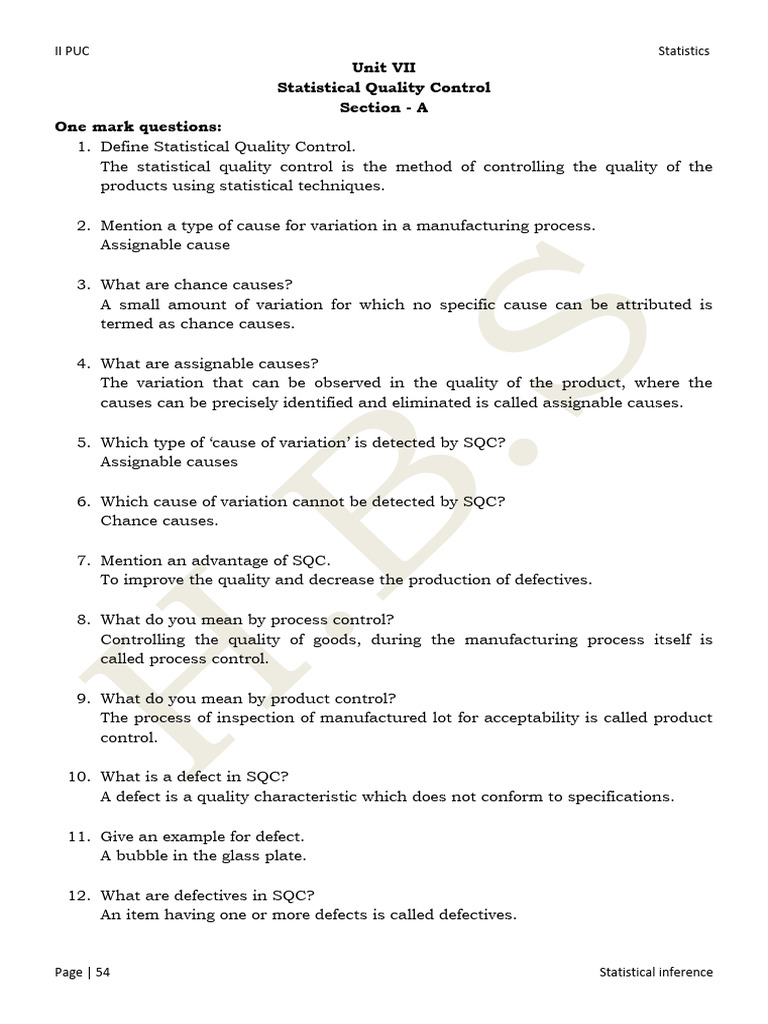 Unit VII Statistical Quality Control Section - A One Mark Questions ...