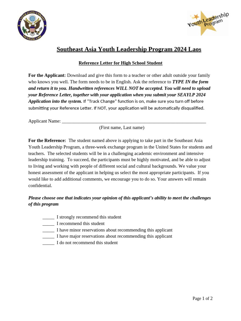 SEAYLP 2024 Reference Letter Template | PDF | Leadership | Behavior ...