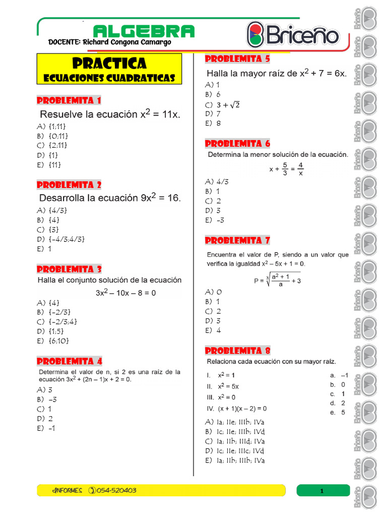 Quadratic Equations Practice Problems | PDF