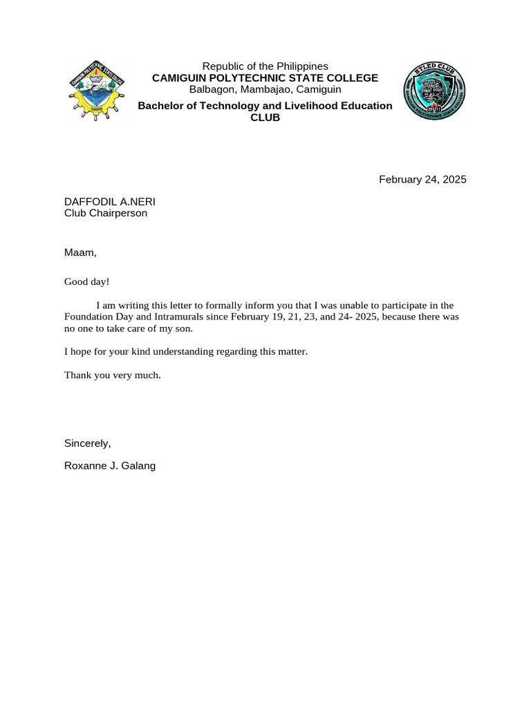 excuse-letter-for-parade (1) | PDF