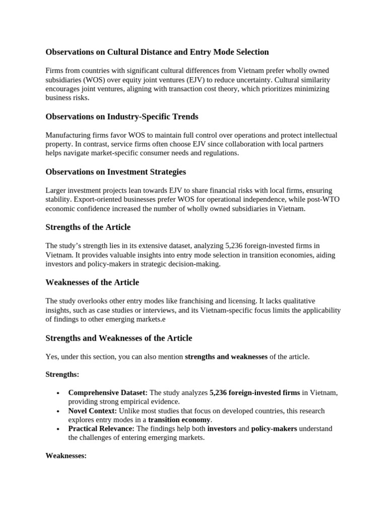 Cultural Distance and FDI Entry Modes in Vietnam | PDF | Foreign Direct ...