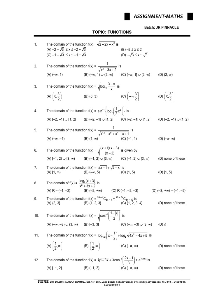 Maths Functions Domain Assignment | PDF