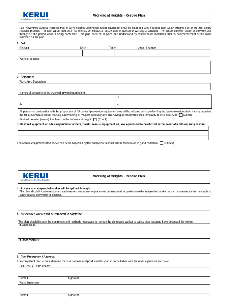 Working at Heights Rescue Plan Template | PDF | Safety