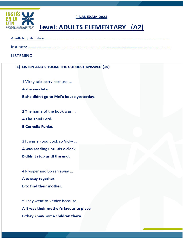 A2 Level English Final Exam 2023 | PDF