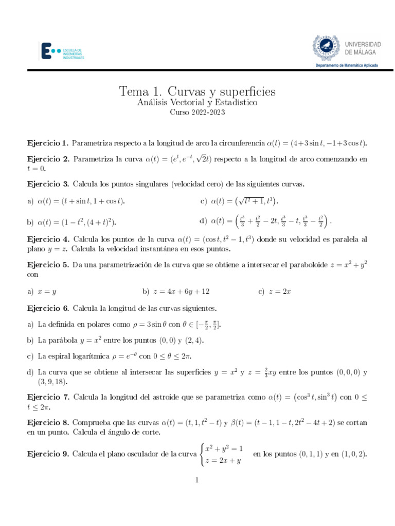 Ejercicios de Curvas y Superficies en Cálculo | PDF | Curva | Formas ...