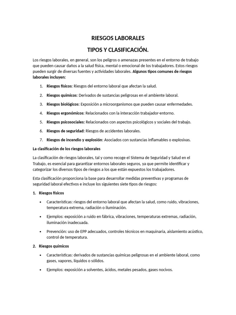 Clasificación y prevención de riesgos laborales | PDF | Seguridad y ...