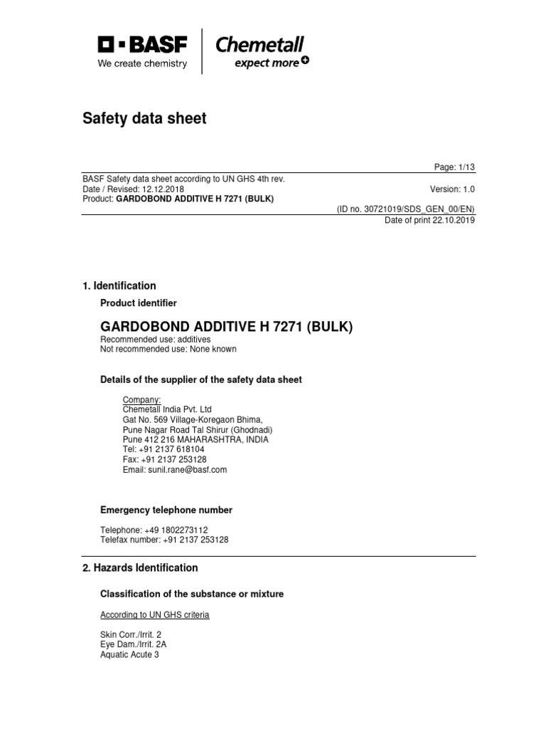 Gardobond Additive H Safety Data Sheet | PDF | Toxicity | Dangerous Goods