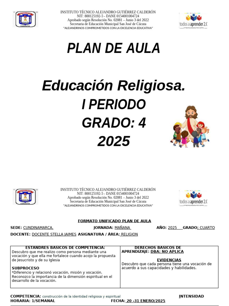 Plan de Aula: Educación Religiosa 4° Grado | PDF | Maestros | Aprendizaje