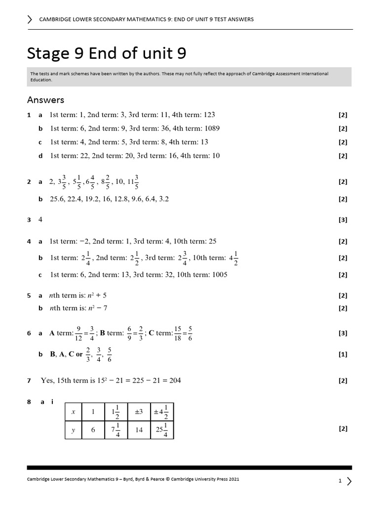 Grade 8 Cambridge Maths End of Unit 9 Answers | PDF