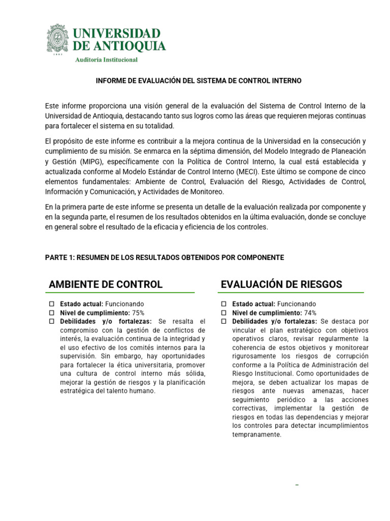 Informe de Evaluación del Control Interno | PDF | Planificación | Auditoría