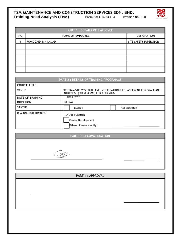 TSM-FP0723-F04 - Training Needs Analysis (TNA) 1- Rev.00 | PDF