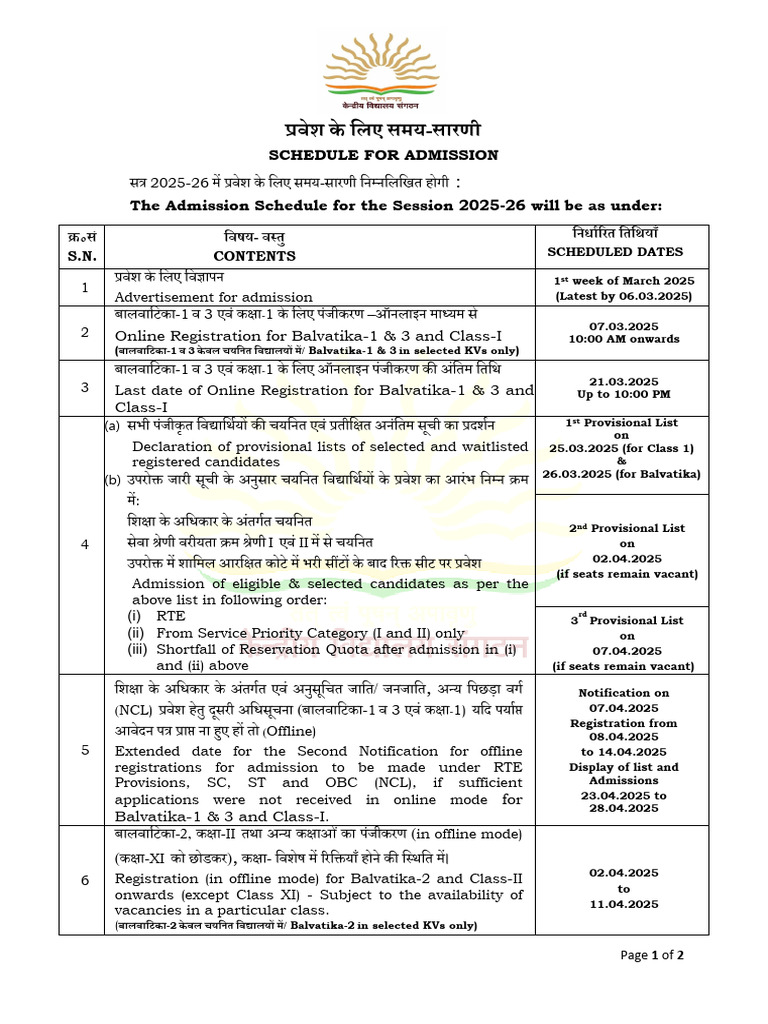 Admission Schedule 2025-26 | PDF
