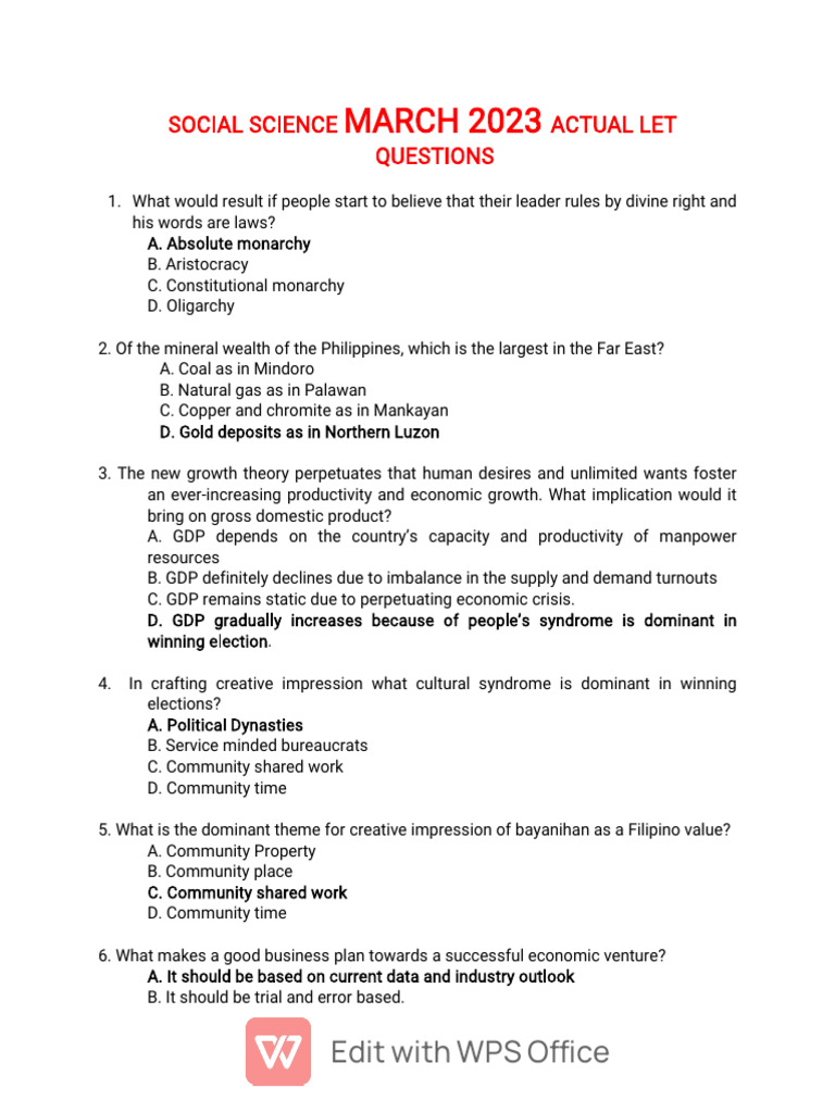 Social Science LET Questions March 2023 | PDF | Philippines | Knowledge
