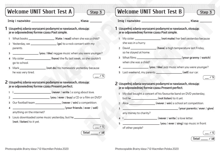Brainy Klasa 6 Unit 3 Sprawdzian Brainy_kl6_Short_tests_Welcome_unit_Step_3 | PDF | Popular Music