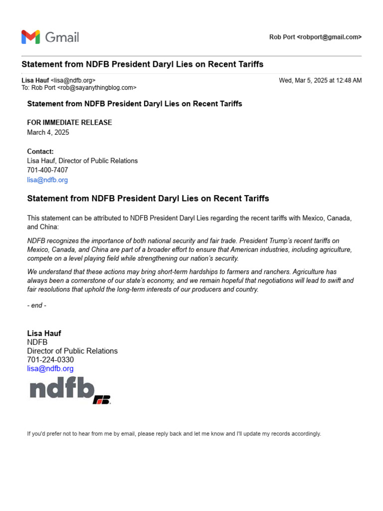 NDFB Statement on Recent Tariffs | PDF