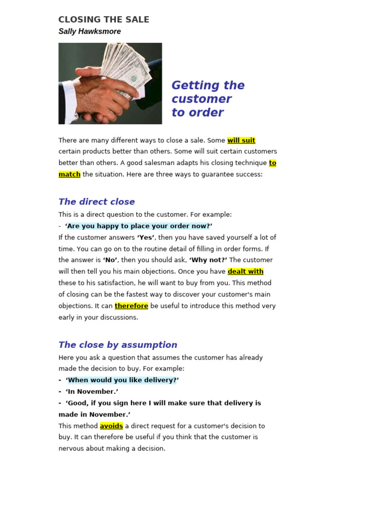 Closing The Sale | PDF | Customer