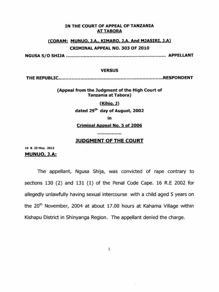 Ngusa So Shija Vs Republic (Criminal Appeal 303 of 2010) 2012 TZCA 100 ...