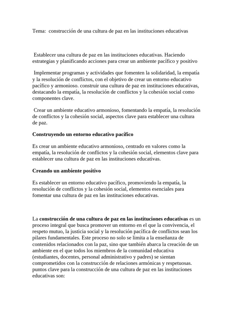 Tema Cultura de Paz en Las Escuelas | PDF | Escuelas | Paz