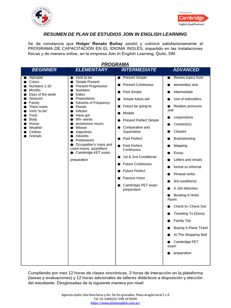 Plan de Estudios Join In English | PDF