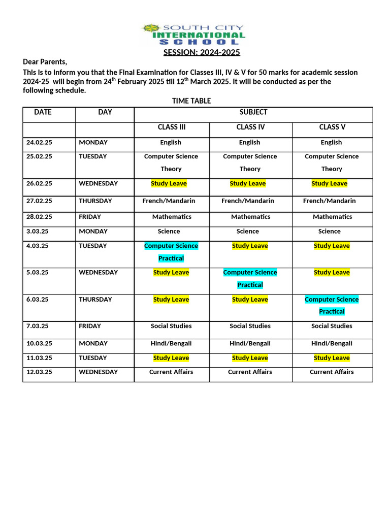 2024-25 Exam Schedule for Classes III-V | PDF