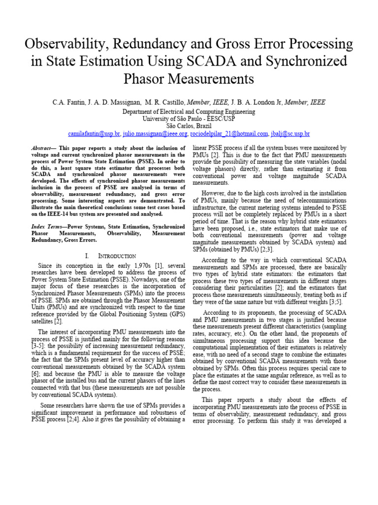 Observability redundancy and gross error processing in state estimation